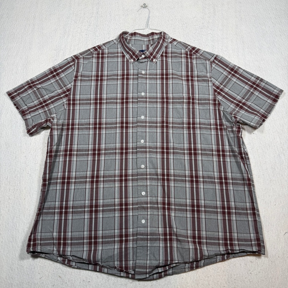 George Mens 3XL Classic Fit Plaid Short Sleeve Button Down Shirt Grey Burgundy